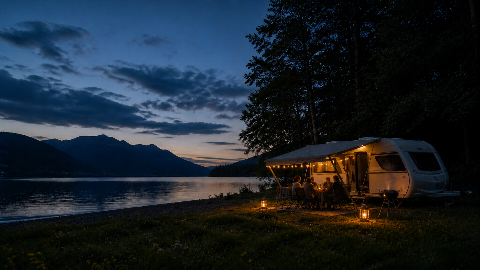 A family enjoying an evening meal under a caravan canopy