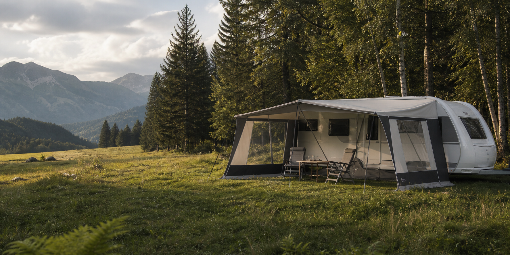 A caravan canopy in a peaceful European mountain meadow