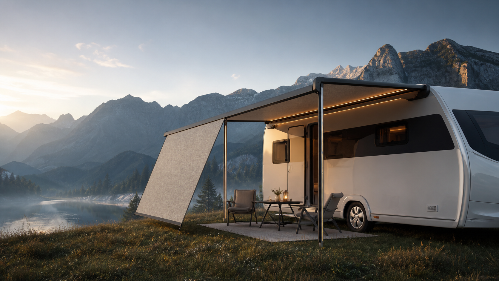 A caravan canopy detail in a mountain setting